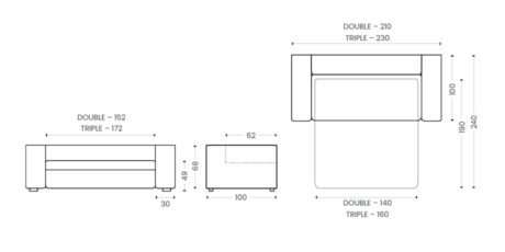 Rysunek techniczny Sofabed BARI z wymiarami wersji DOUBLE i TRIPLE, rozkładana sofa hotelowa z materacem.