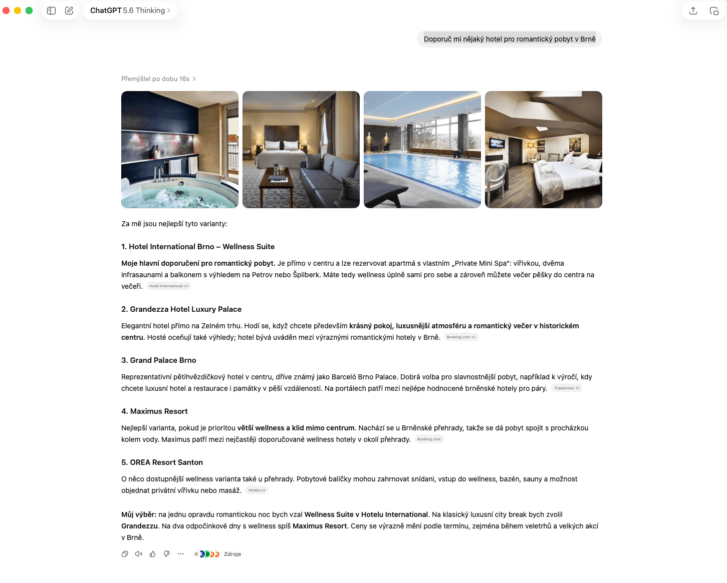 Ukázka odpovědi ChatGPT s doporučením hotelů pro romantický pobyt v Brně.